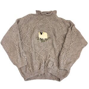 VTG Acorn Pure New Wool Sheep Cable Knit Mock Neck Fisherman Grandpa Sweater L